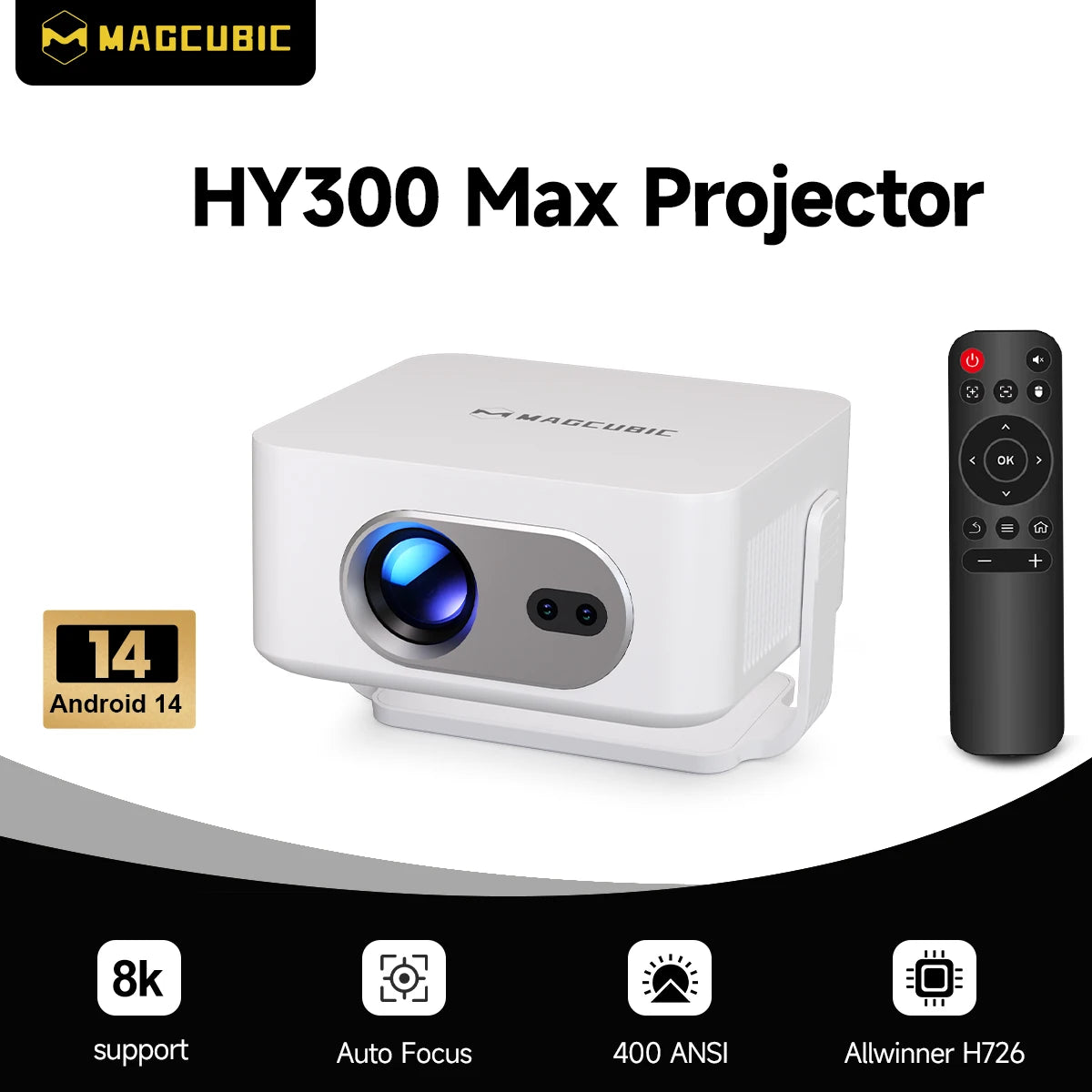 Auto Focus Android 14 4K Projector 400ANSI 8K Native 720P HY300 Max with Wifi6 BT5.4 Allwinner H726 Portable Outdoor